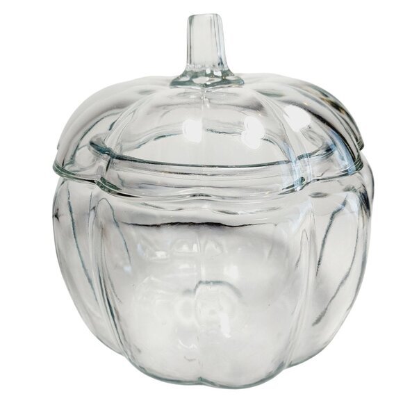 Vintage Anchor Hocking Cookie or Candy Jar Clear Glass Pumpkin Shaped with Lid - Picture 3 of 8